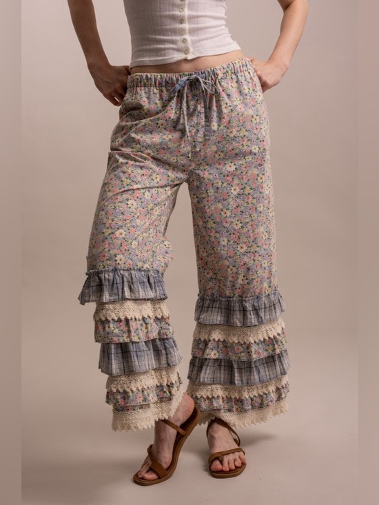 Bluevelvet Pants - Bluevelvet washed blue floral embroidered patchwork ruffle bohemian boho pant